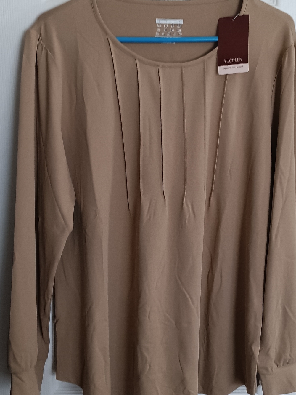 Amazon Women's Long-Sleeve Pleated Blouse in Camel